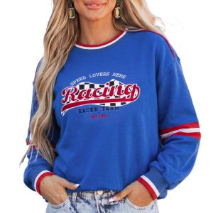 Women's Racing Graphic Sweatshirt, Sporty Blue Pullover Top - Main View