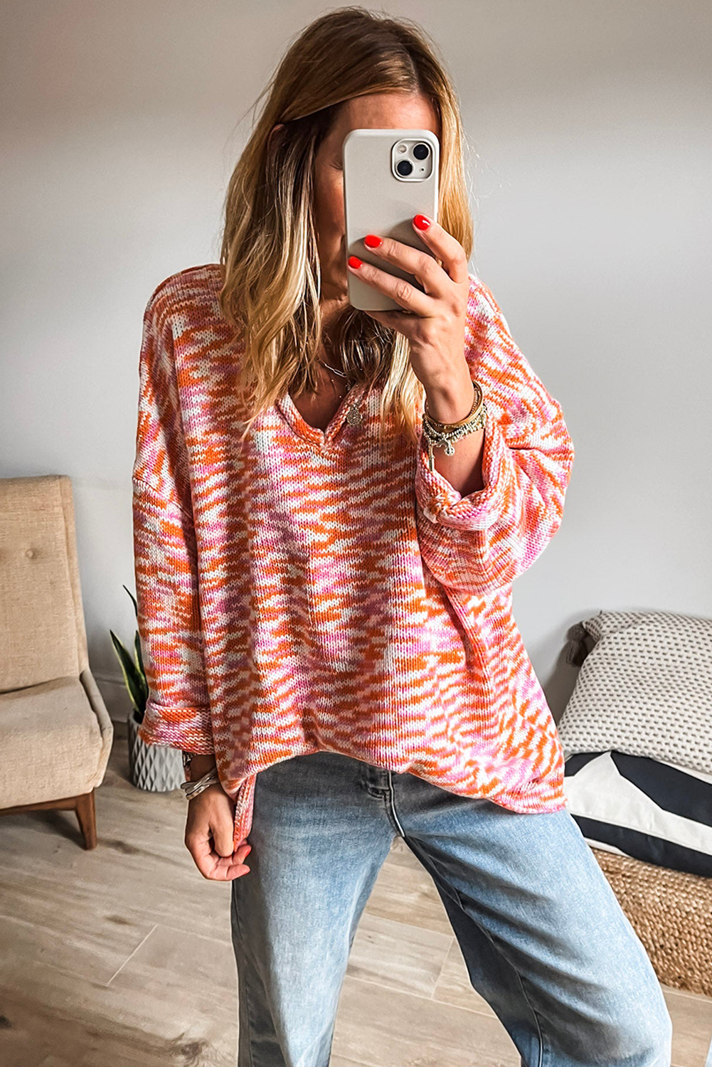 Women's Sweater, Orange, Abstract Print, Drop Shoulder, V Neck, Oversized, Casual Style, Long Sleeve, Tunic, Fall Fashion, Autumn Wear, Daily Use, Comfortable, Trendy - Detail View 8 Women's Sweater, Orange, Abstract Print, Drop Shoulder, V Neck, Oversized, Casual Style, Long Sleeve, Tunic, Fall Fashion, Autumn Wear, Daily Use, Comfortable, Trendy - Detail View 8