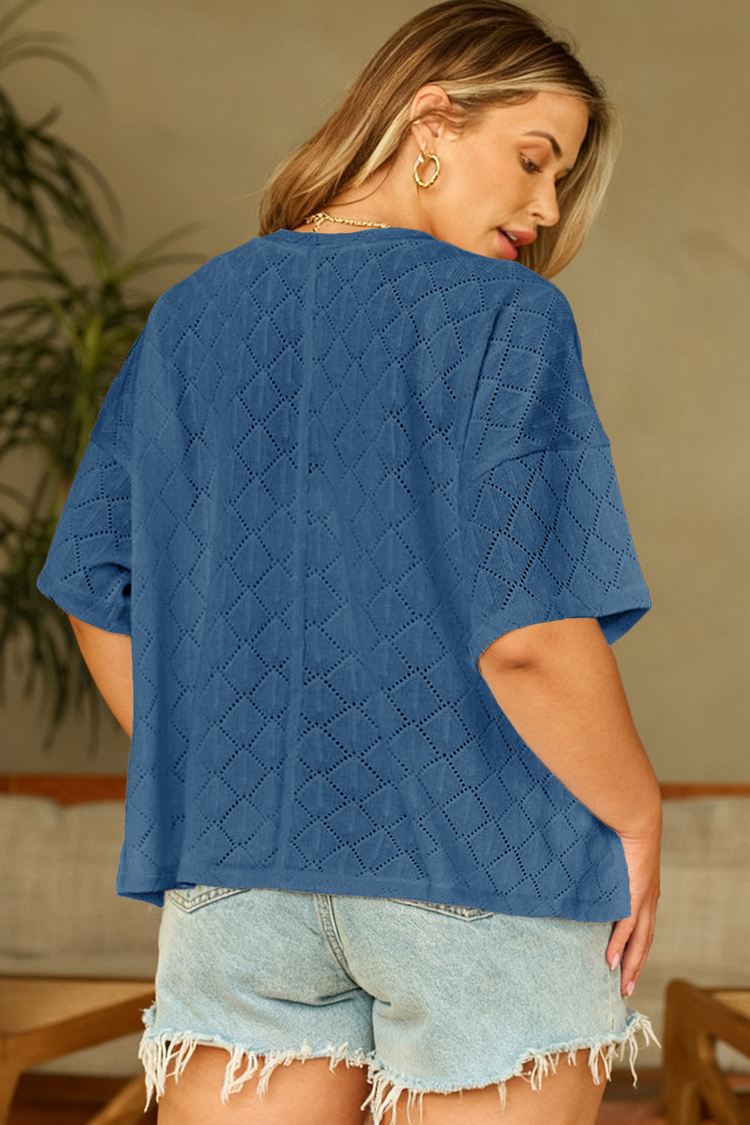 Sky Blue Pointelle Rhombus Knit Top for Plus Size Women – Perfect for Summer Days - Detail View 3 Sky Blue Pointelle Rhombus Knit Top for Plus Size Women – Perfect for Summer Days - Detail View 3