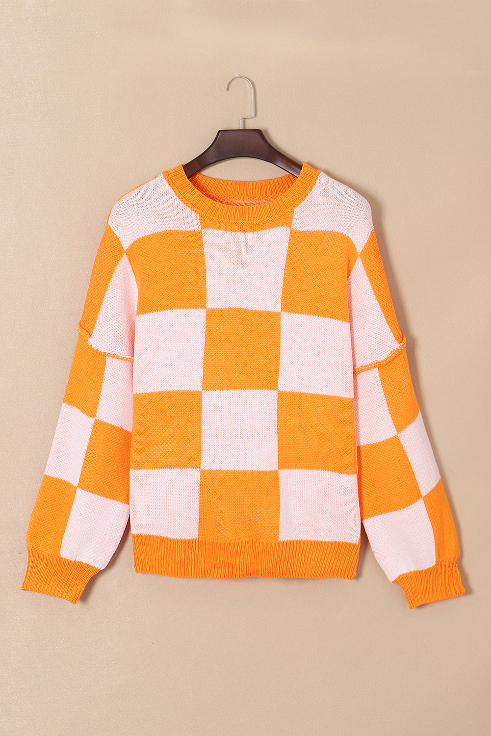 Chic Orange Plaid Bishop Sleeve Sweater for Women – Effortless Autumn Elegance - Detail View 2 Chic Orange Plaid Bishop Sleeve Sweater for Women – Effortless Autumn Elegance - Detail View 2