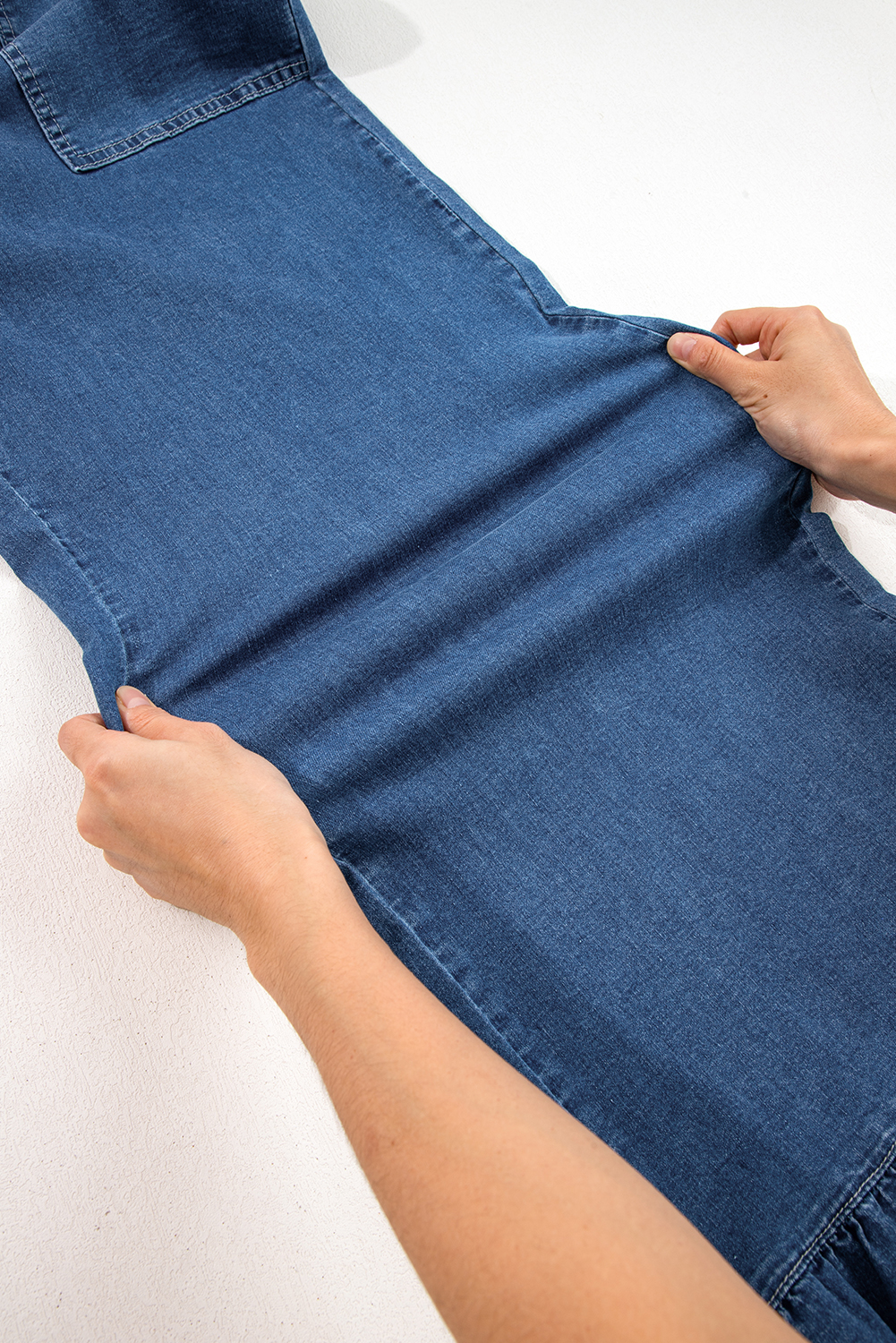 Women's Sail Blue Plus Size Wide Leg Denim Pants – Ruffled, Casual Spring Style - Detail View 10 Women's Sail Blue Plus Size Wide Leg Denim Pants – Ruffled, Casual Spring Style - Detail View 10
