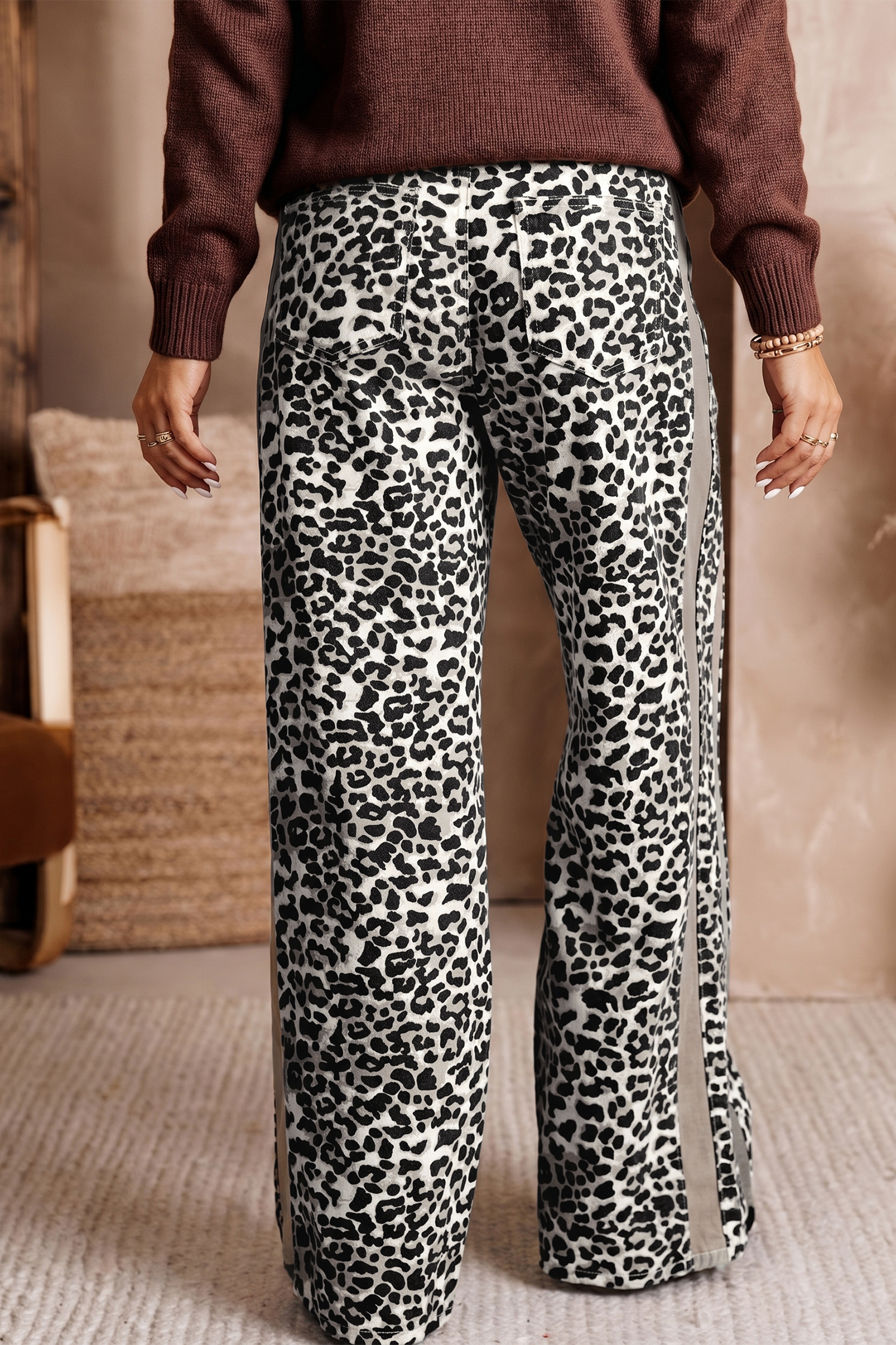 Khaki Leopard Wide Leg Jeans, Sporty Drawstring Denim Pants - Detail View 2 Khaki Leopard Wide Leg Jeans, Sporty Drawstring Denim Pants - Detail View 2