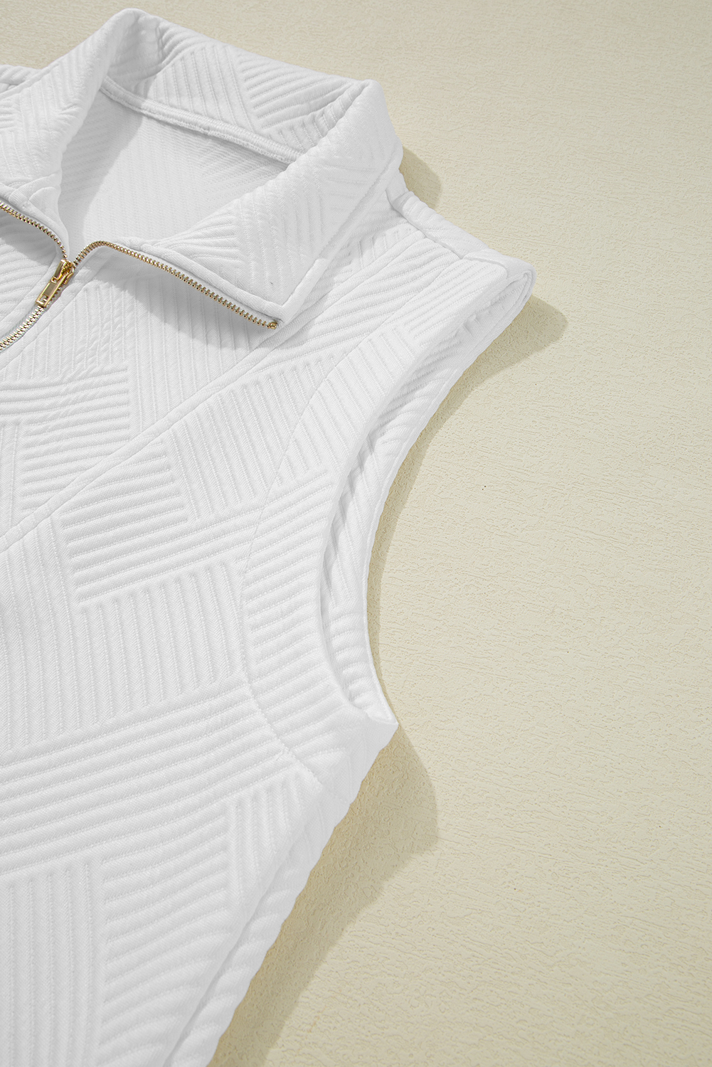 Women's White Textured Half Zip Tank Top and Drawstring Shorts Set - Detail View 9 Women's White Textured Half Zip Tank Top and Drawstring Shorts Set - Detail View 9