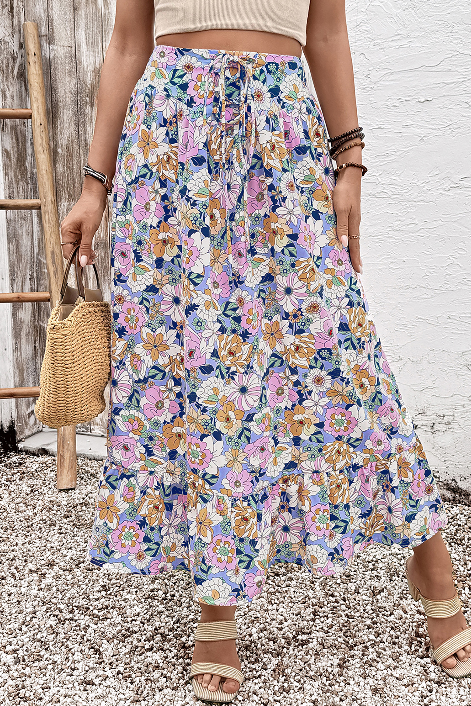 Southern Belle Floral Maxi Skirt for Women – High Waist Lace-Up Detail, Flowy Long Casual Skirt - Detail View 3 Southern Belle Floral Maxi Skirt for Women – High Waist Lace-Up Detail, Flowy Long Casual Skirt - Detail View 3