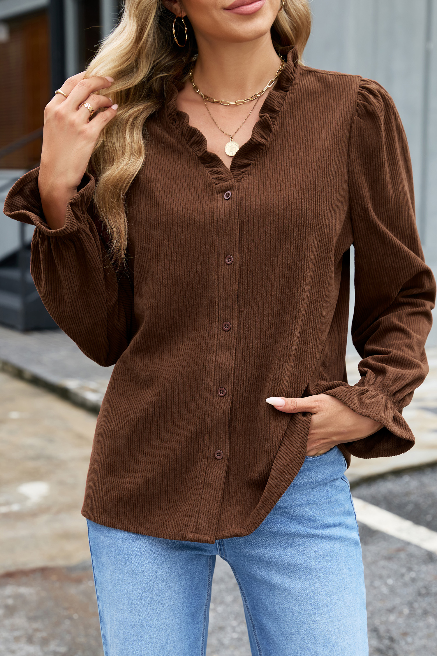 Women's Fall Corduroy Button-Up – Long Sleeve Ruffle Blouse - Detail View 3 Women's Fall Corduroy Button-Up – Long Sleeve Ruffle Blouse - Detail View 3