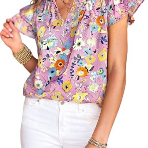 Women's Pink Floral V Neck Top with Flutter Sleeves - Elegant Spring/Summer Style - Main View