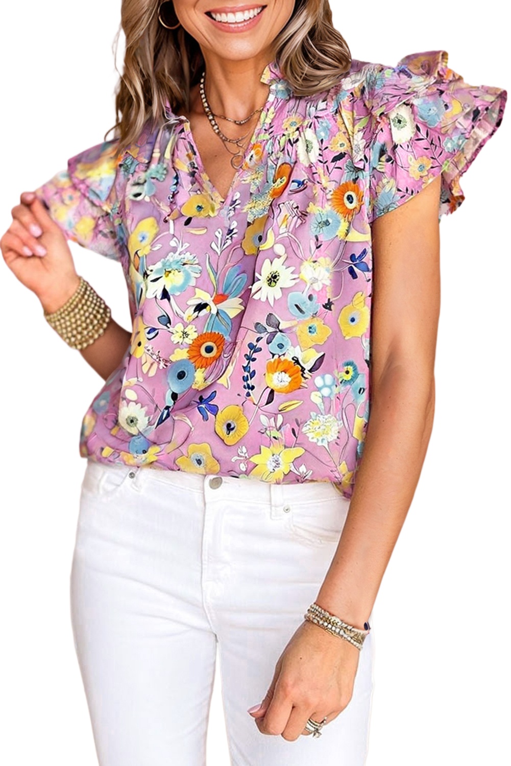 Women's Pink Floral V Neck Top with Flutter Sleeves - Elegant Spring/Summer Style - Main View Women's Pink Floral V Neck Top with Flutter Sleeves - Elegant Spring/Summer Style - Main View