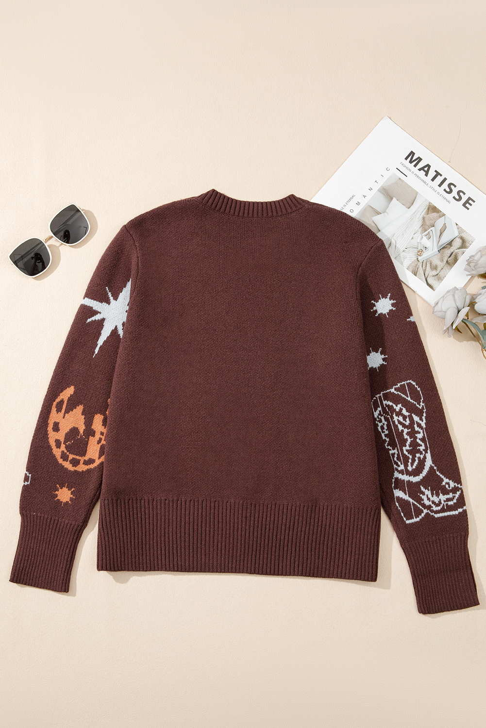 Cozy Brown Western Print Sweater for Women – Round Neck Long Sleeve Shift Silhouette for Fall Outings - Detail View 5 Cozy Brown Western Print Sweater for Women – Round Neck Long Sleeve Shift Silhouette for Fall Outings - Detail View 5