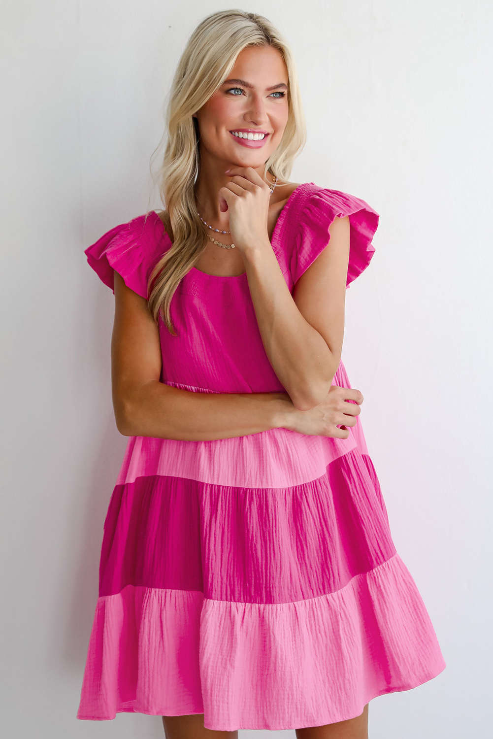 Women's Mini Dress, Pink Dress, Colorblock, Flutter Sleeves, Tiered Design, Smocked Neckline, Casual Dress, Flared Silhouette, Beachwear, Summer Fashion, Vacation Attire, Short Dress, 100% Cotton, Comfortable Fit - Detail View 4 Women's Mini Dress, Pink Dress, Colorblock, Flutter Sleeves, Tiered Design, Smocked Neckline, Casual Dress, Flared Silhouette, Beachwear, Summer Fashion, Vacation Attire, Short Dress, 100% Cotton, Comfortable Fit - Detail View 4
