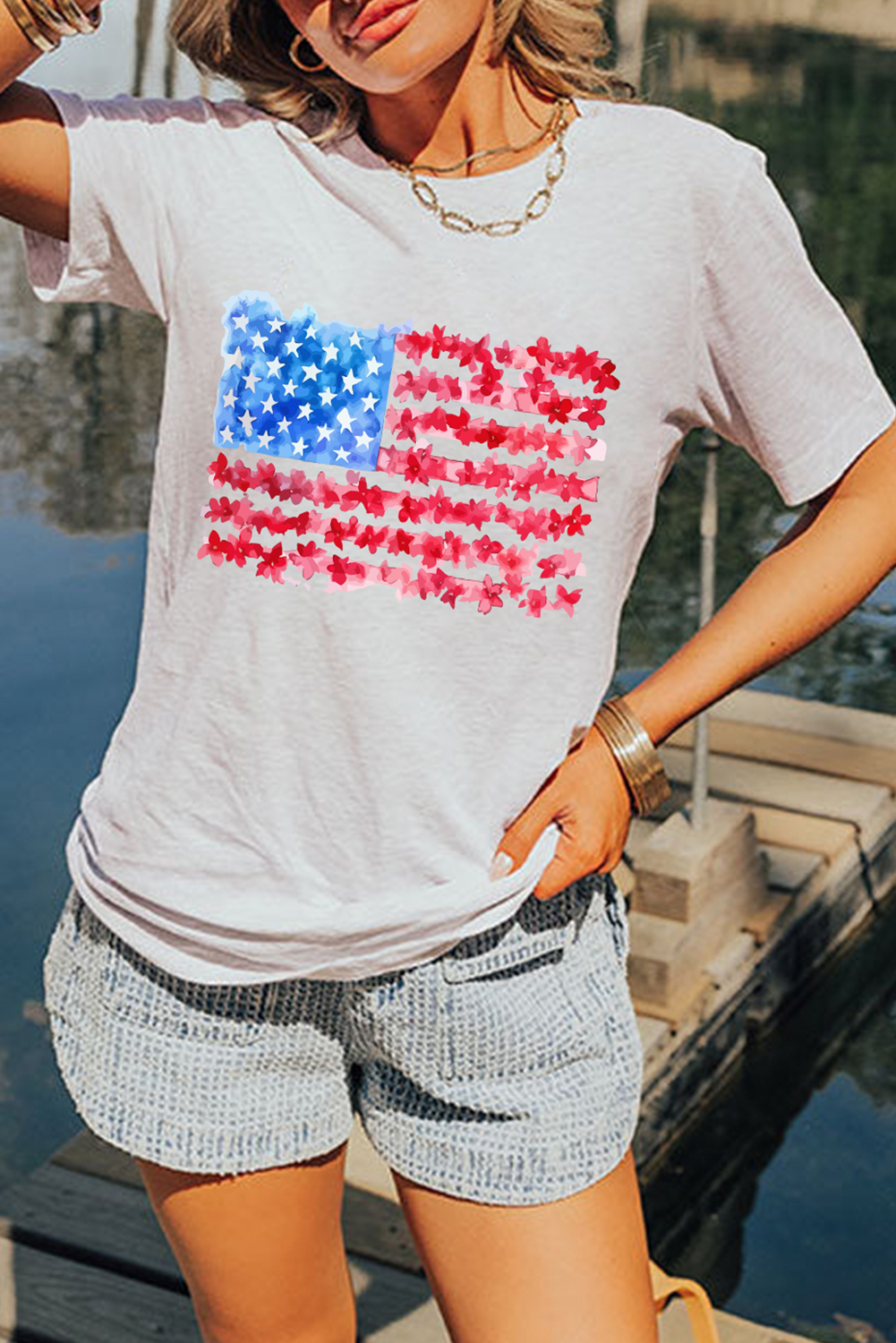 Women's Graphic Tee, White Flag T-Shirt, USA Flag, Crew Neck, Short Sleeve, Casual Style, Patriotic Shirt, Floral Details, Lightweight Material, Summer Wear, Daily Wear, Comfortable Tee, Independence Day Outfit - Detail View 4 Women's Graphic Tee, White Flag T-Shirt, USA Flag, Crew Neck, Short Sleeve, Casual Style, Patriotic Shirt, Floral Details, Lightweight Material, Summer Wear, Daily Wear, Comfortable Tee, Independence Day Outfit - Detail View 4