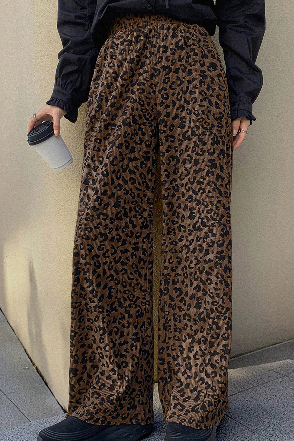 Casual Leopard Corduroy Pants for Women – Dark Brown High Waist Loose Fit - Detail View 5 Casual Leopard Corduroy Pants for Women – Dark Brown High Waist Loose Fit - Detail View 5