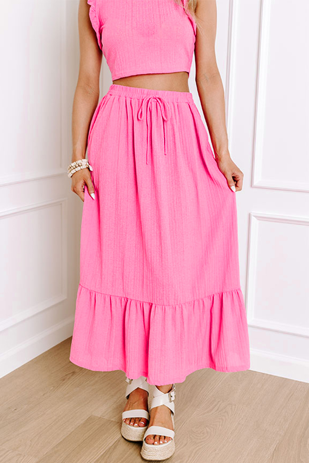 Casual Summer Two Piece Dress, Textured Sleeveless Crop Set - Detail View 6 Casual Summer Two Piece Dress, Textured Sleeveless Crop Set - Detail View 6
