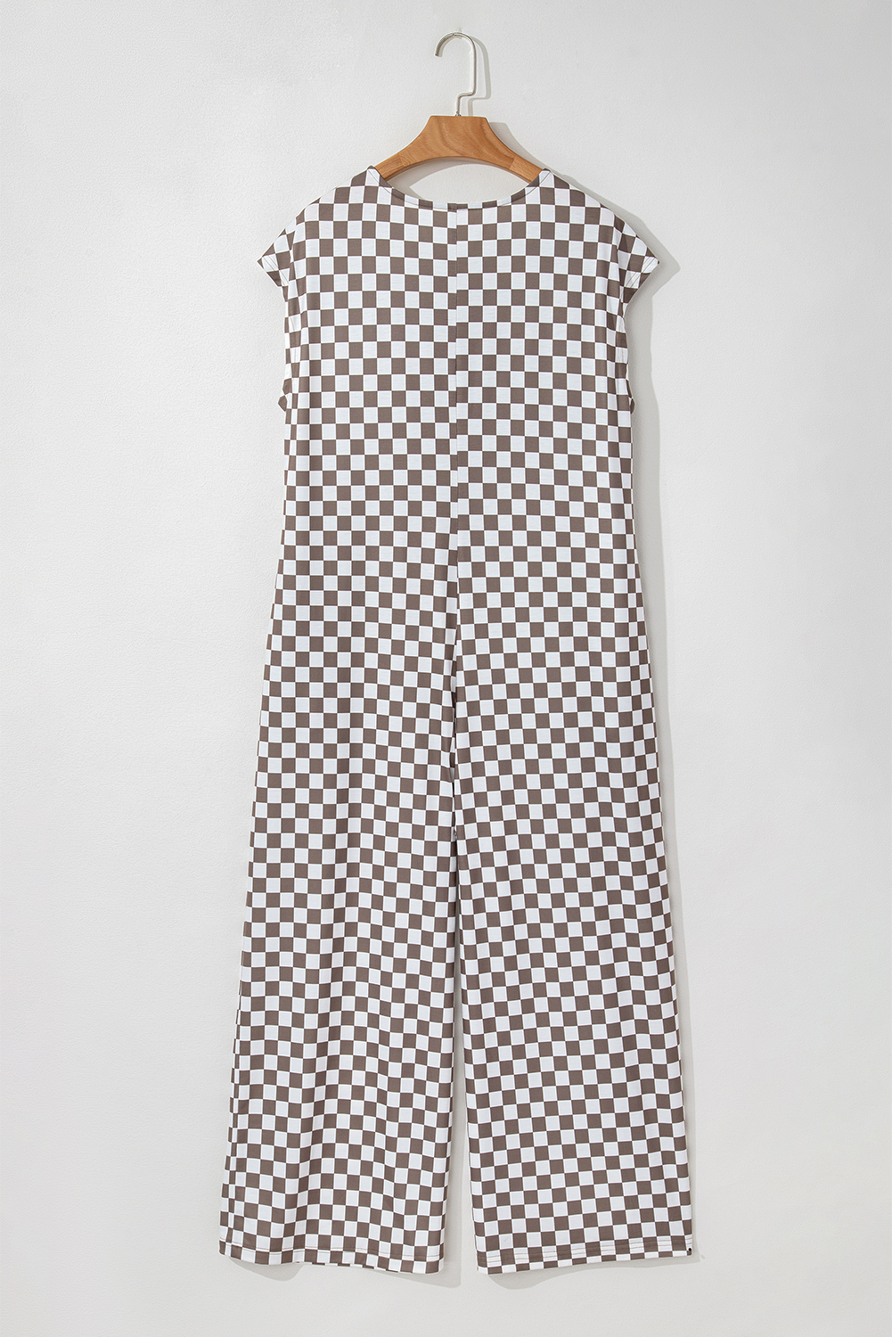 Casual Summer Jumpsuit for Women - Khaki Checkered Pattern with Cap Sleeves - Detail View 18 Casual Summer Jumpsuit for Women - Khaki Checkered Pattern with Cap Sleeves - Detail View 18