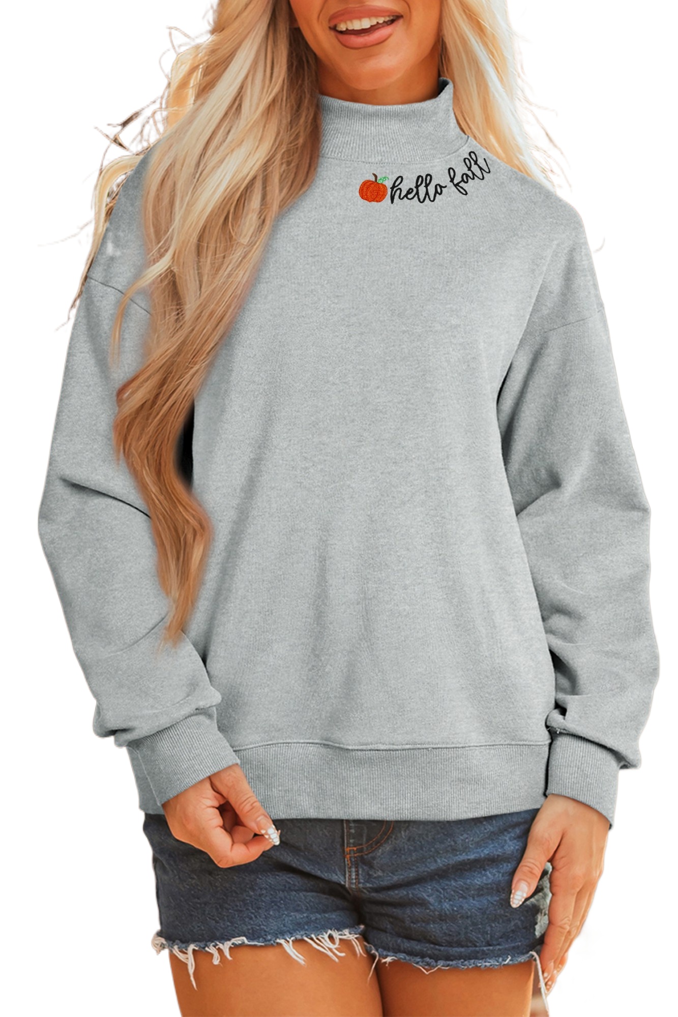 Women's Hello Fall Sweatshirt, Embroidered Pumpkin Mock Neck - Main View Women's Hello Fall Sweatshirt, Embroidered Pumpkin Mock Neck - Main View