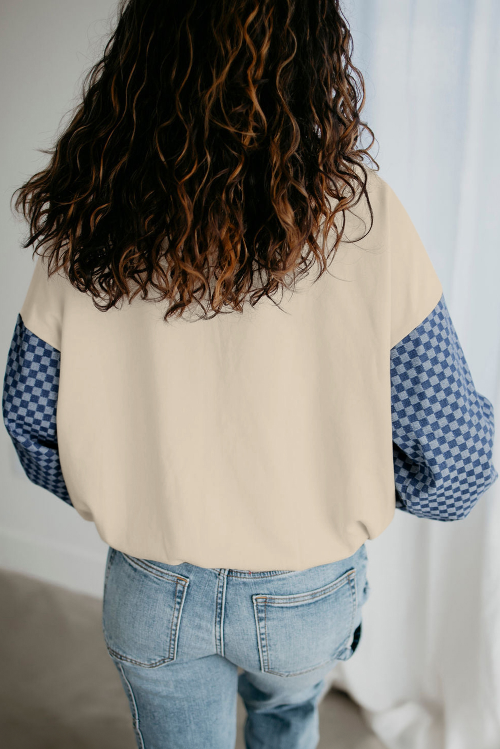 Casual Long Sleeve Hooded Hoodie - Plaid Colorblock Design for Fall - Detail View 2 Casual Long Sleeve Hooded Hoodie - Plaid Colorblock Design for Fall - Detail View 2