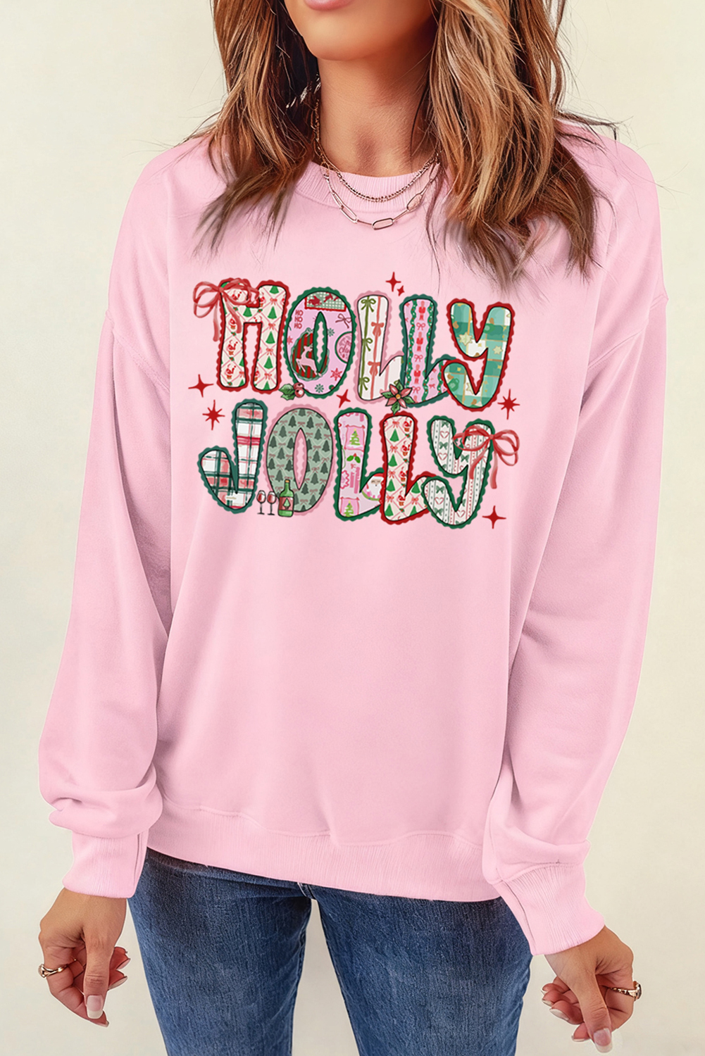 Women's Pink Holly Jolly Holiday Sweatshirt – Cute Christmas Graphic with Bow Detail for Daily Comfort - Detail View 7 Women's Pink Holly Jolly Holiday Sweatshirt – Cute Christmas Graphic with Bow Detail for Daily Comfort - Detail View 7
