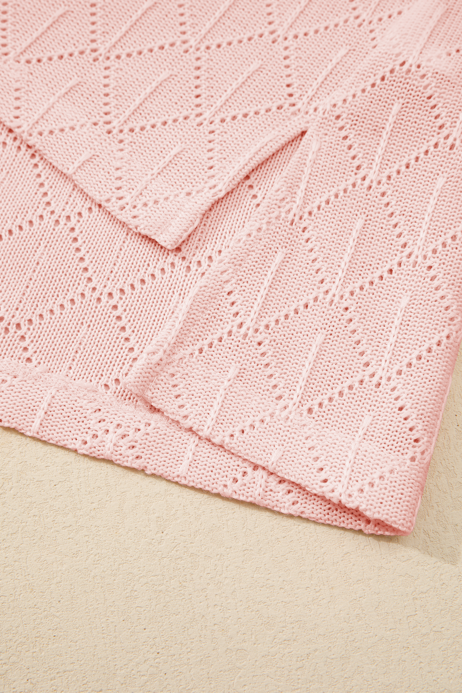 Light Pink Pointelle Rhombus Knit Plus Size V Neck Top – Casual Summer Style for Women - Detail View 10 Light Pink Pointelle Rhombus Knit Plus Size V Neck Top – Casual Summer Style for Women - Detail View 10