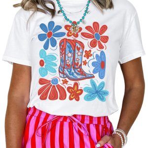 Women's White Floral Cowgirl Boots Graphic Tee - Celebrate Independence Day in Style - Main View