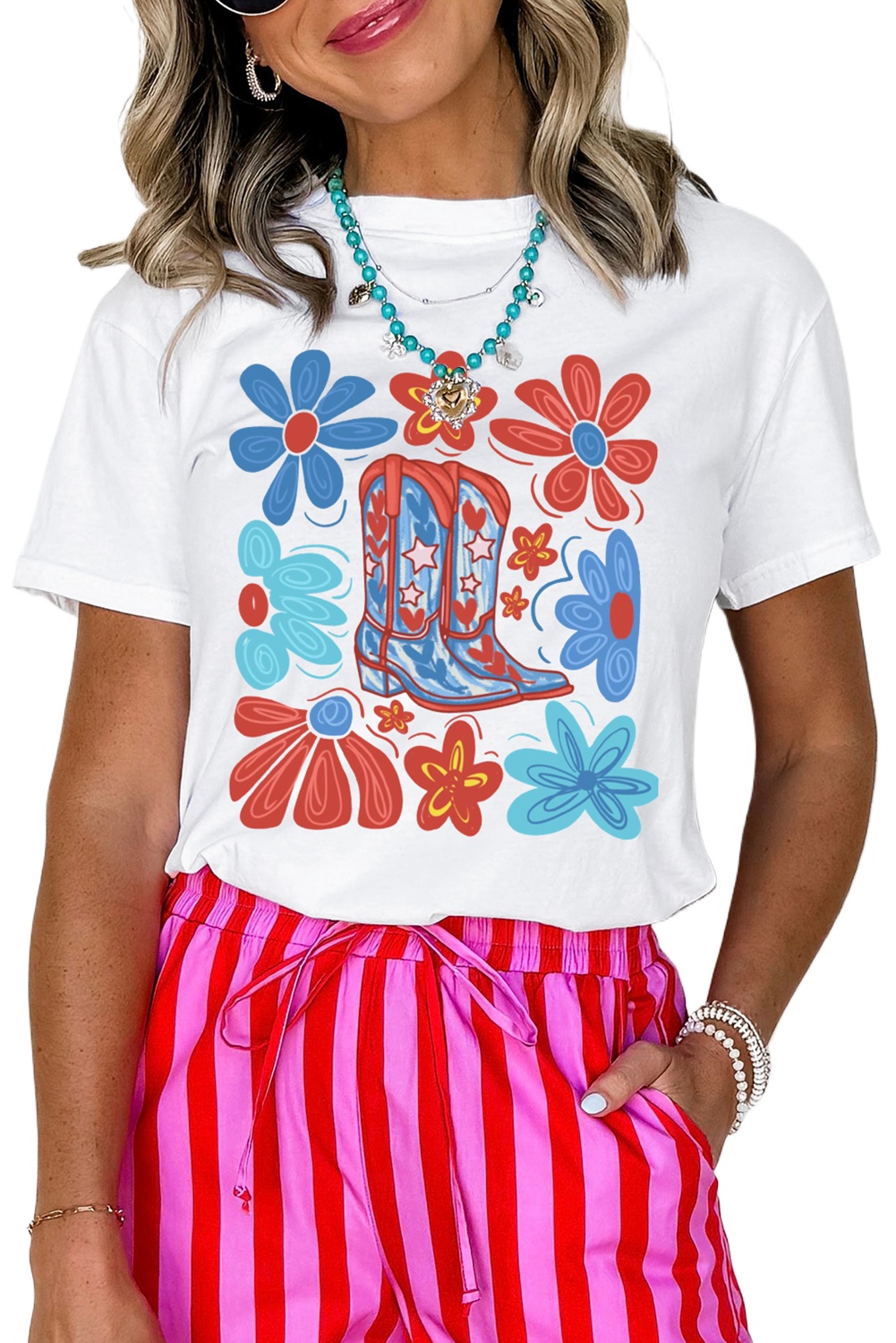 Women's White Floral Cowgirl Boots Graphic Tee - Celebrate Independence Day in Style - Main View Women's White Floral Cowgirl Boots Graphic Tee - Celebrate Independence Day in Style - Main View