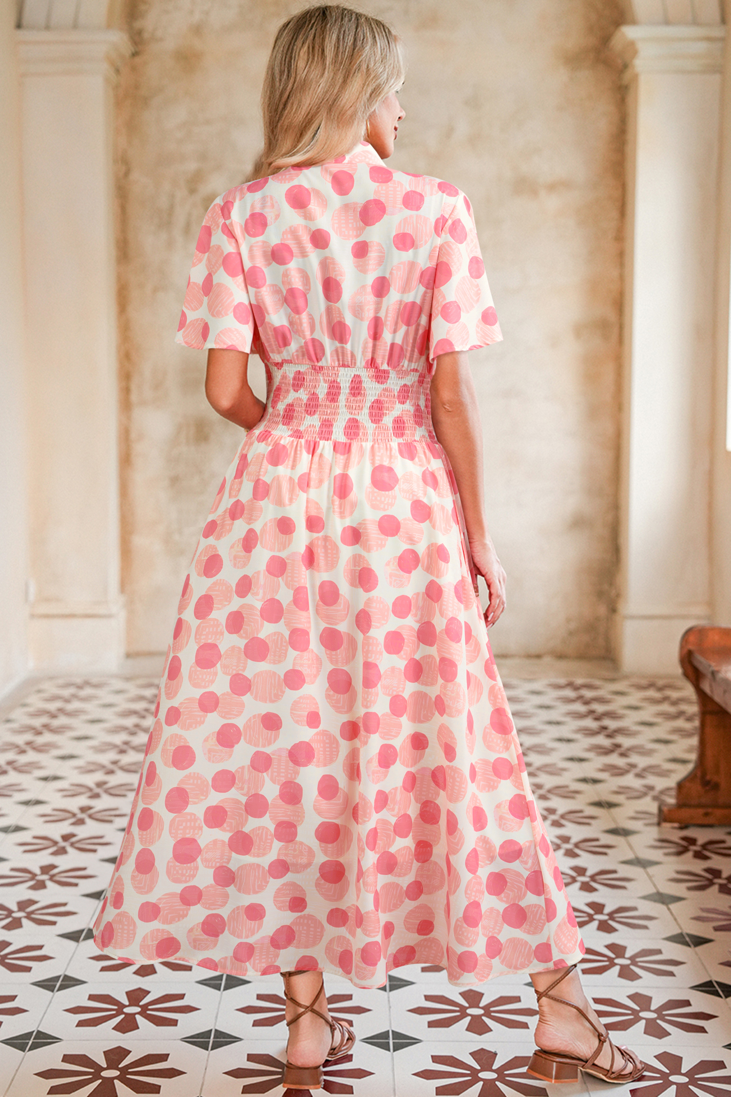 Summer Pink Polka Dot Zip Up Dress for Women – Casual Short Sleeve Shirred Long Dress - Detail View 2 Summer Pink Polka Dot Zip Up Dress for Women – Casual Short Sleeve Shirred Long Dress - Detail View 2
