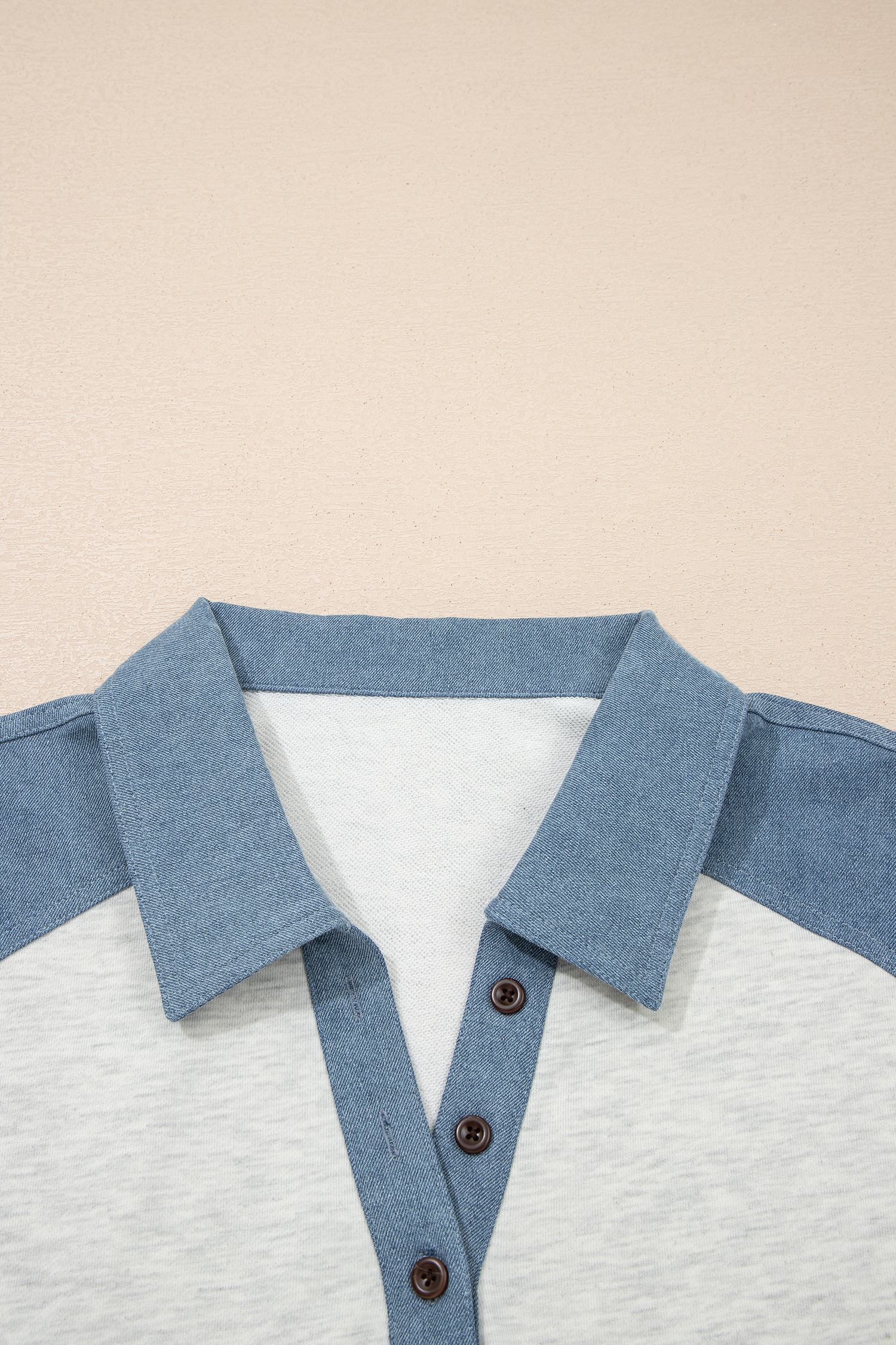 Beige Plus Size Denim Patchwork Polo Tee for Women – Stylish Casual Wear for Everyday Adventures - Detail View 5 Beige Plus Size Denim Patchwork Polo Tee for Women – Stylish Casual Wear for Everyday Adventures - Detail View 5