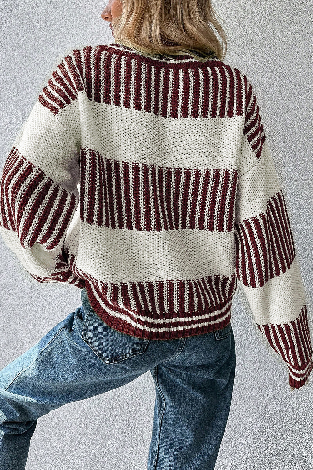Versatile Brown Two Tone Striped Sweater – Ideal for Fall & Daily Outfits - Detail View 3 Versatile Brown Two Tone Striped Sweater – Ideal for Fall & Daily Outfits - Detail View 3