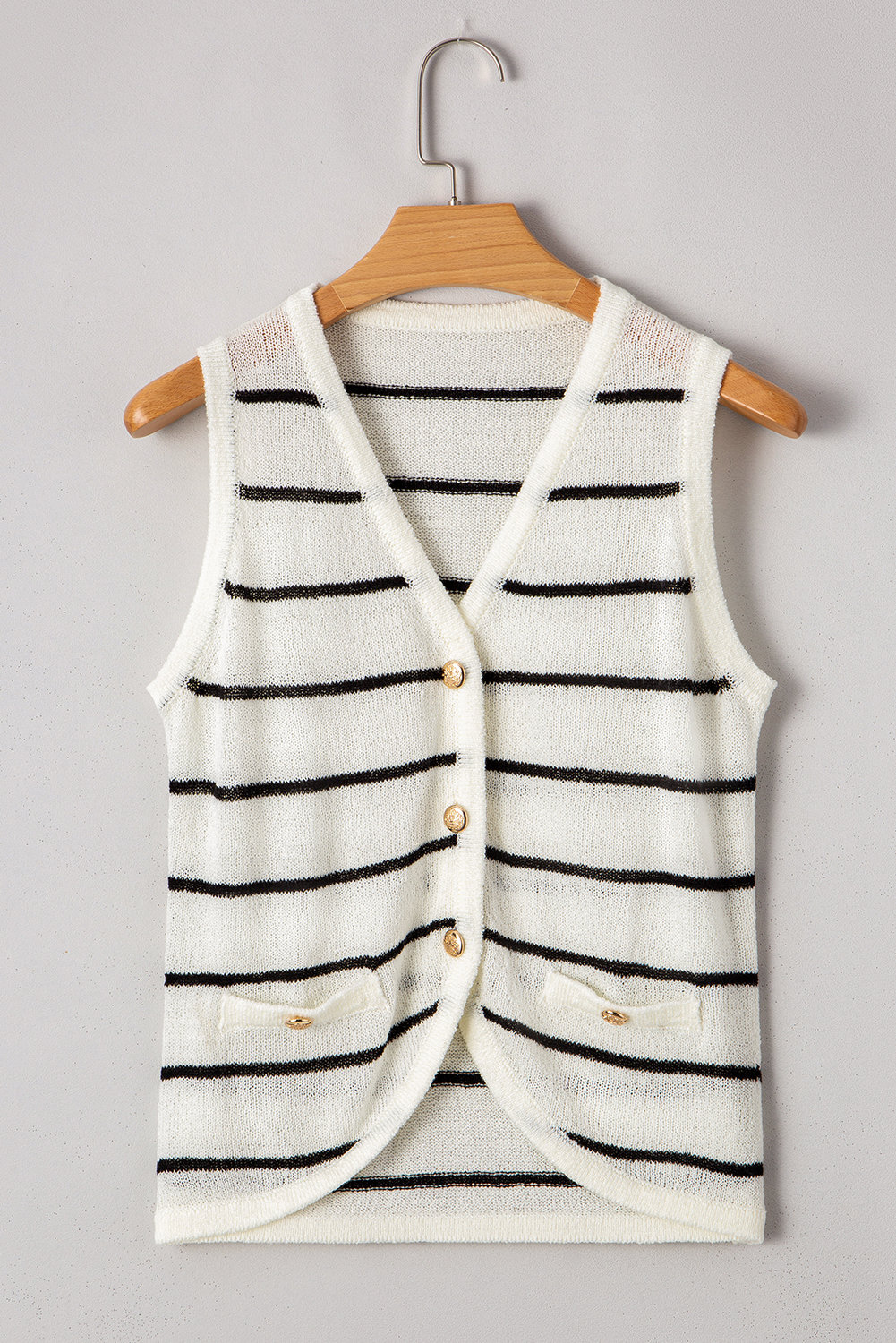 Women's Sweater Vest, Black Stripe, V Neck, Slim Fit, Sleeveless, Elegant Style, Casual Fashion, Striped Pattern, Button Closure, Front Slit, Sheath Silhouette, Daily Wear, Summer Fashion, 100% Acrylic - Detail View 8 Women's Sweater Vest, Black Stripe, V Neck, Slim Fit, Sleeveless, Elegant Style, Casual Fashion, Striped Pattern, Button Closure, Front Slit, Sheath Silhouette, Daily Wear, Summer Fashion, 100% Acrylic - Detail View 8