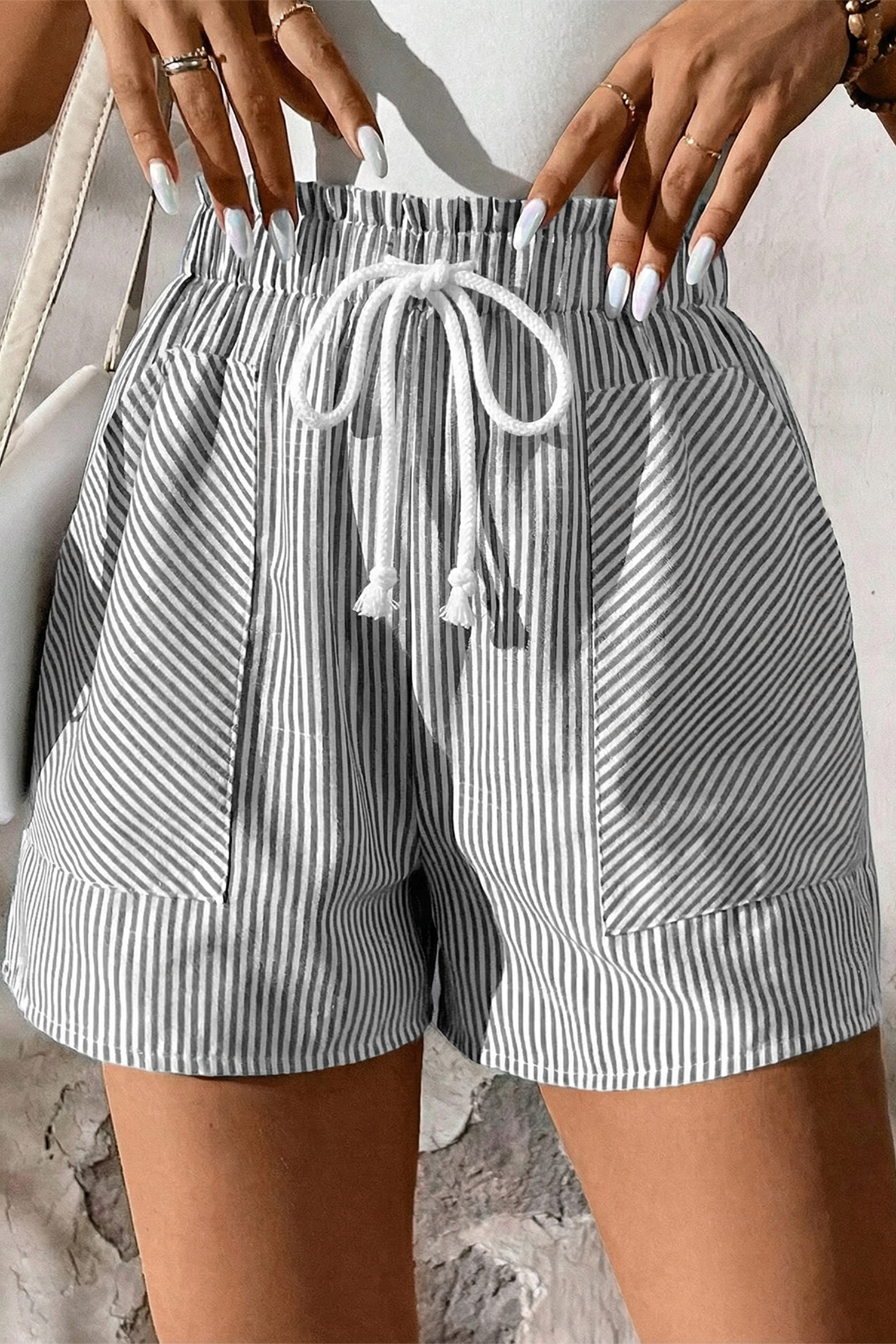 Summer Striped Casual Shorts – Women's High Waist Shift Silhouette for Daily Wear and Vacation - Detail View 3 Summer Striped Casual Shorts – Women's High Waist Shift Silhouette for Daily Wear and Vacation - Detail View 3