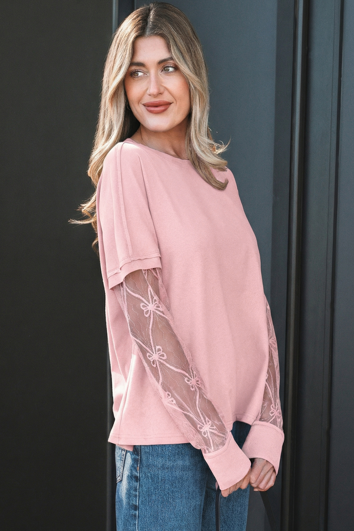 Stylish Women's Long Sleeve Tee in Light Pink – Bow Textured Patchwork for Spring Days - Detail View 3 Stylish Women's Long Sleeve Tee in Light Pink – Bow Textured Patchwork for Spring Days - Detail View 3