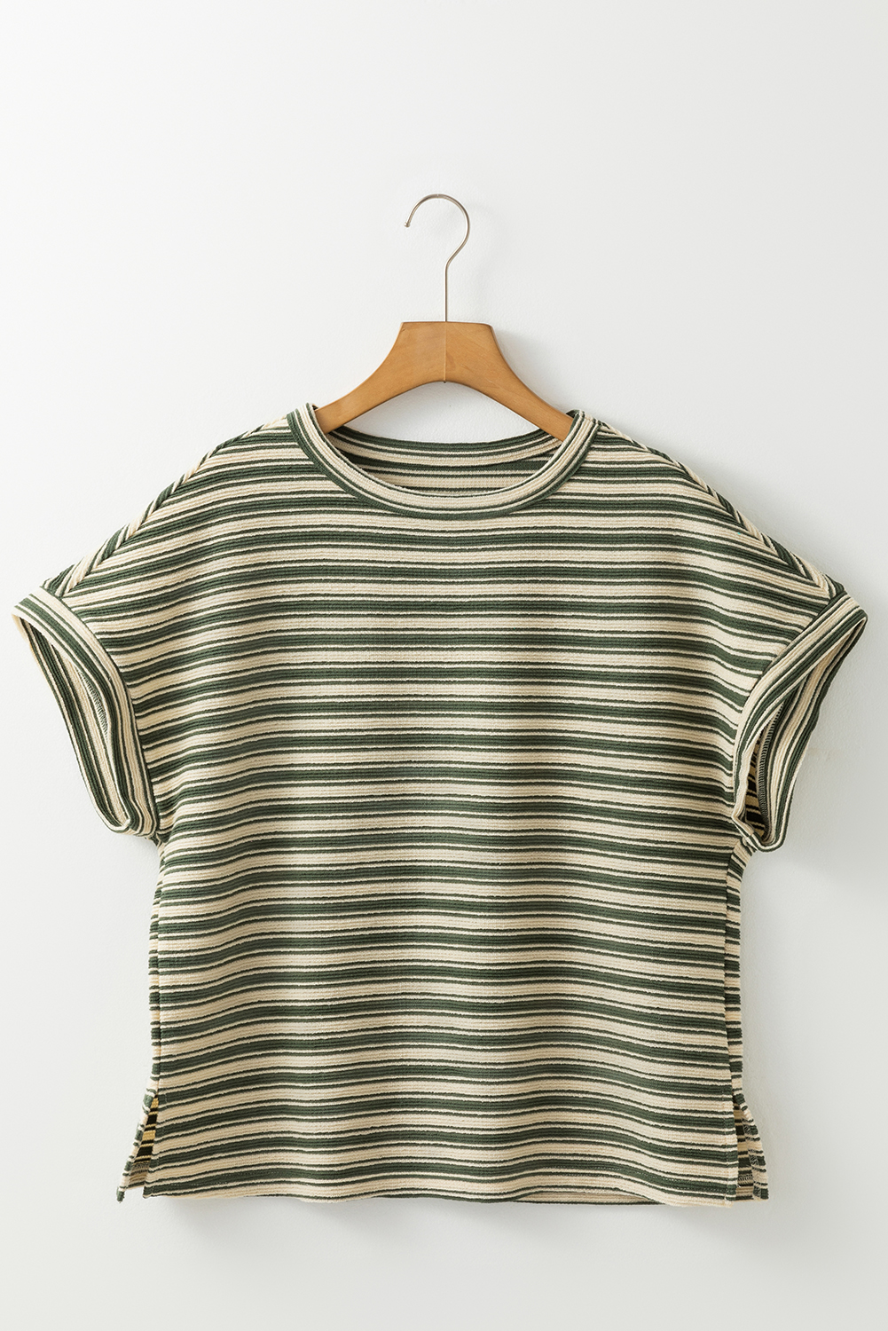 Casual Dolman Sleeve Green Stripe T-Shirt - Unique Textured Fabric - Detail View 6 Casual Dolman Sleeve Green Stripe T-Shirt - Unique Textured Fabric - Detail View 6