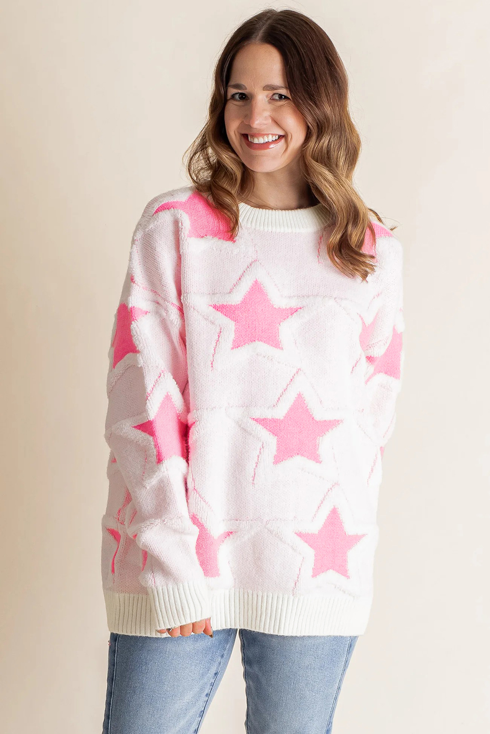 Fashionable Oversized Pink Star Pattern Sweater for Women – Ideal for Everyday Comfort in Winter - Detail View 3 Fashionable Oversized Pink Star Pattern Sweater for Women – Ideal for Everyday Comfort in Winter - Detail View 3