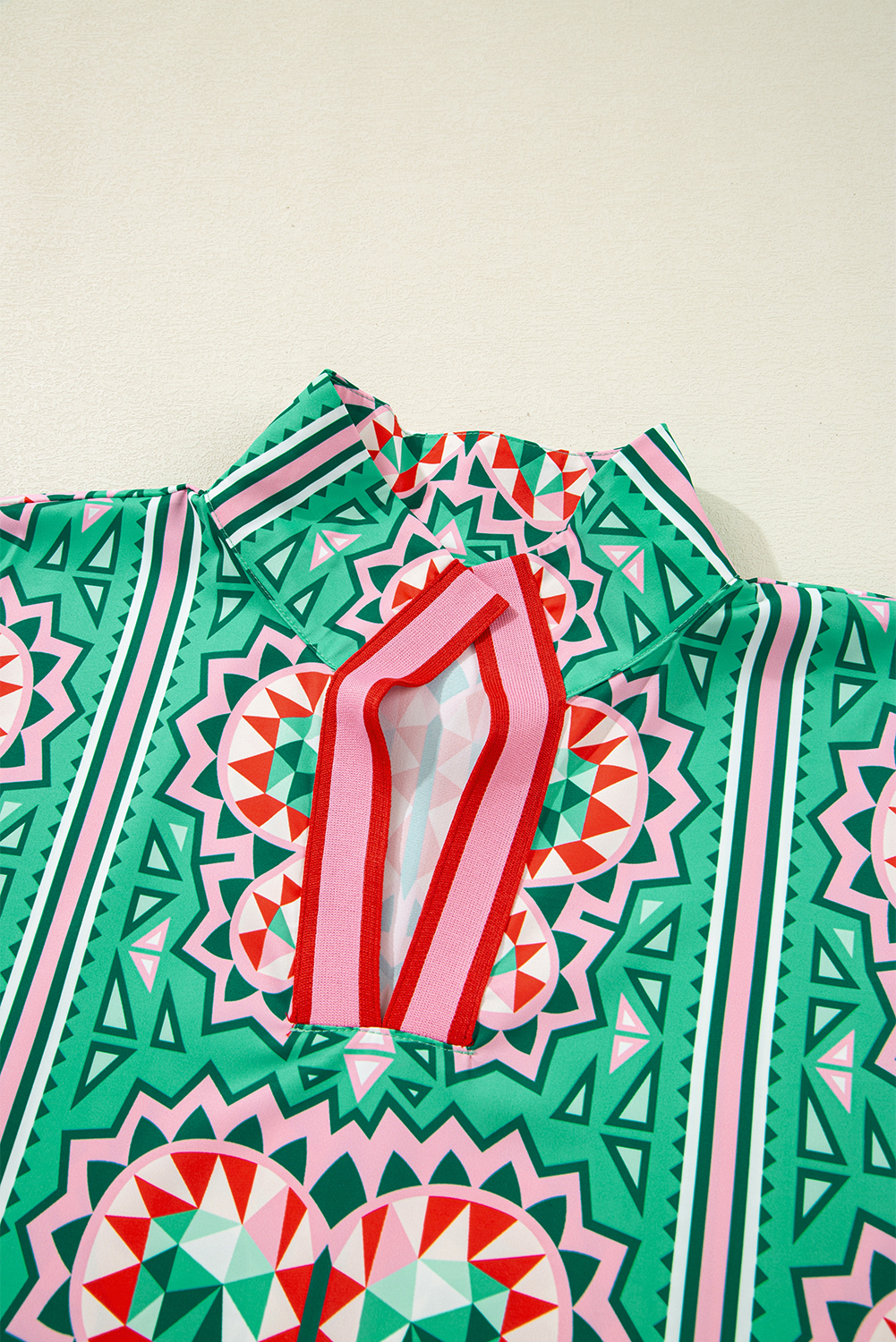 Lightweight Sea Green Casual Top - Bohemian Style Abstract Pattern V Neck - Detail View 7 Lightweight Sea Green Casual Top - Bohemian Style Abstract Pattern V Neck - Detail View 7