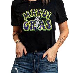 Women's Black MARDI GRAS Lightning Graphic Short Sleeve Top - Casual Vibe - Main View