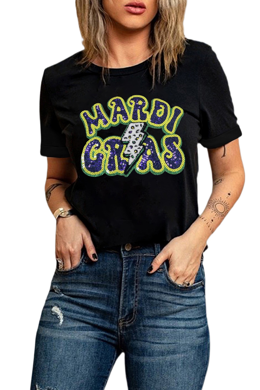Women's Black MARDI GRAS Lightning Graphic Short Sleeve Top - Casual Vibe - Main View Women's Black MARDI GRAS Lightning Graphic Short Sleeve Top - Casual Vibe - Main View