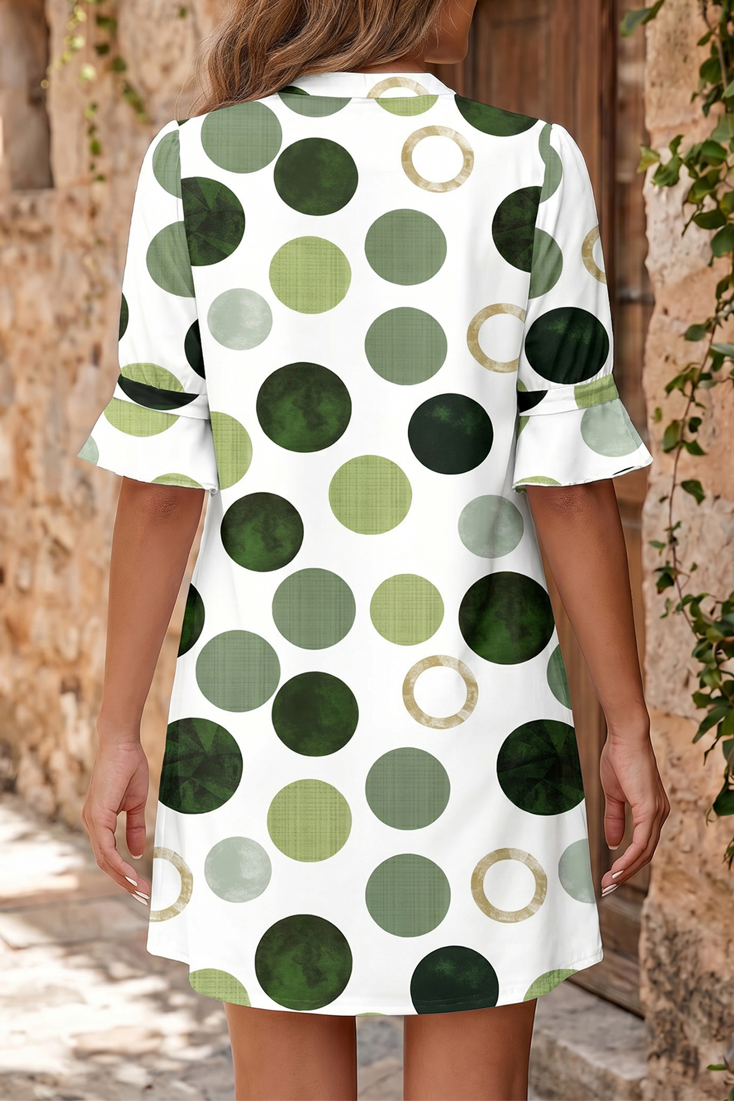 Women's Polka Dot Dress – Flounce Half Sleeve Casual Mini - Detail View 2 Women's Polka Dot Dress – Flounce Half Sleeve Casual Mini - Detail View 2