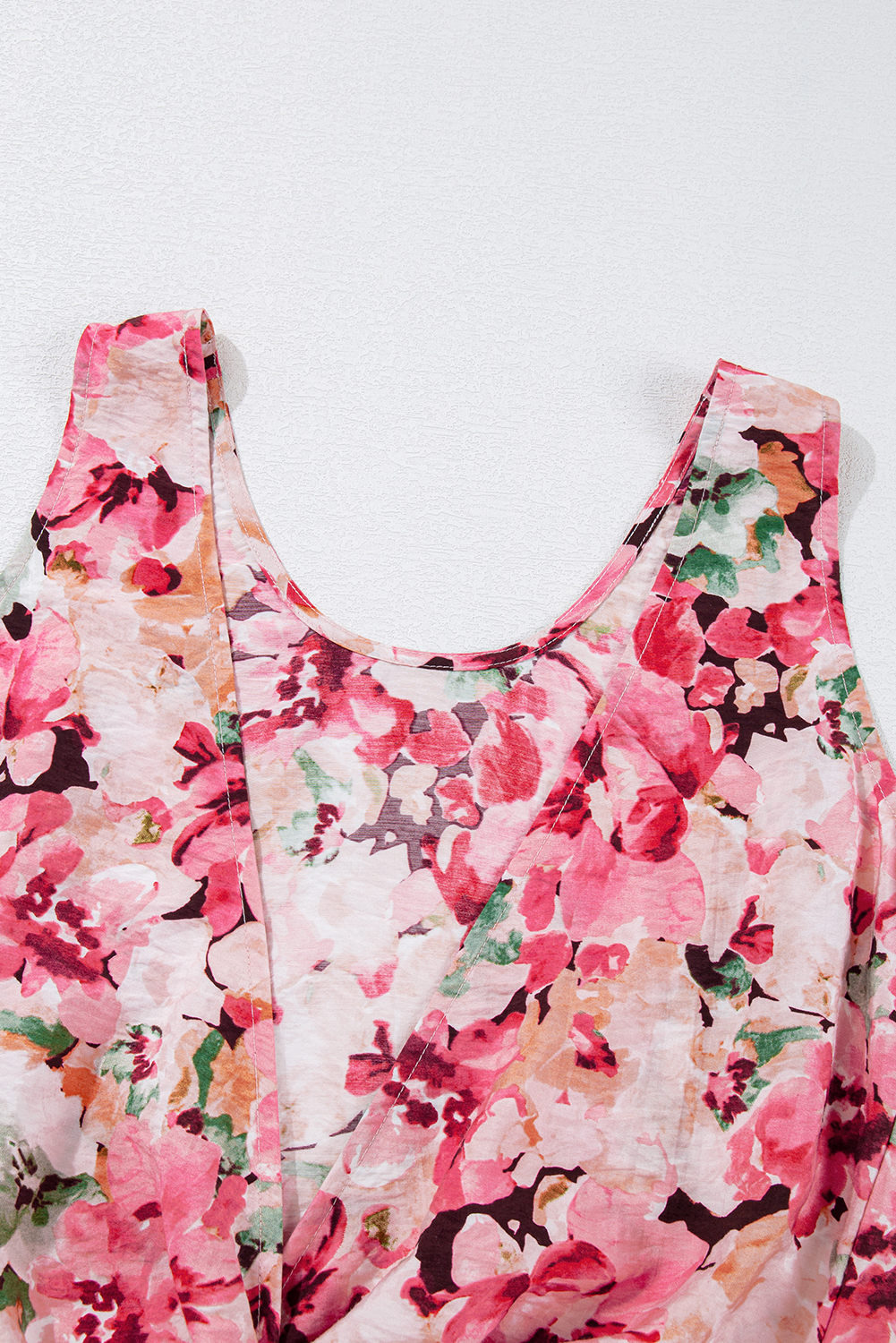 Women's Pink Floral Round Neck Twisted Cut Out Back Tank Top - Bohemian Style - Detail View 17 Women's Pink Floral Round Neck Twisted Cut Out Back Tank Top - Bohemian Style - Detail View 17
