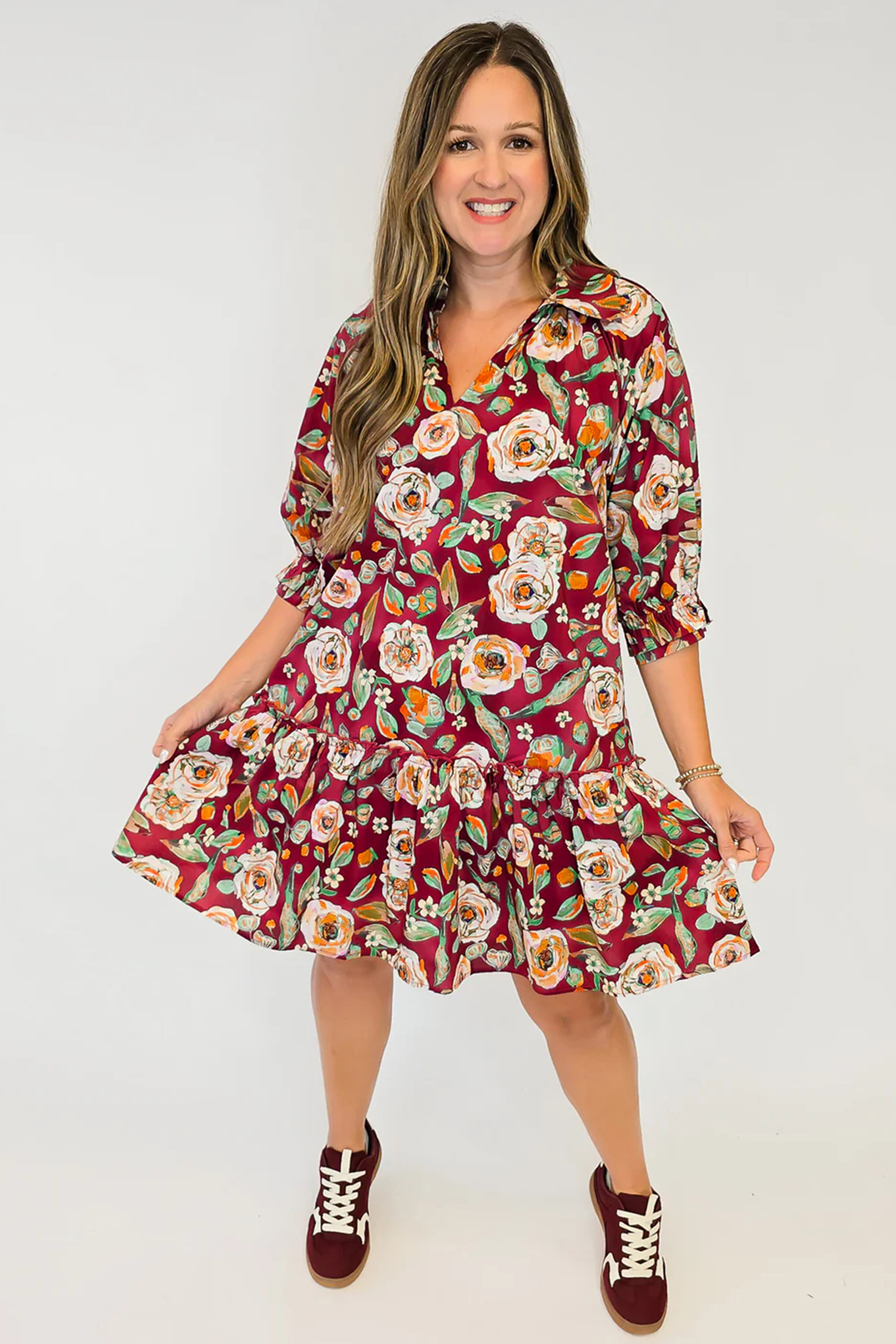 Red Floral Mini Dress, Vacation Style Cotton Shift Outfit - Detail View 8 Red Floral Mini Dress, Vacation Style Cotton Shift Outfit - Detail View 8