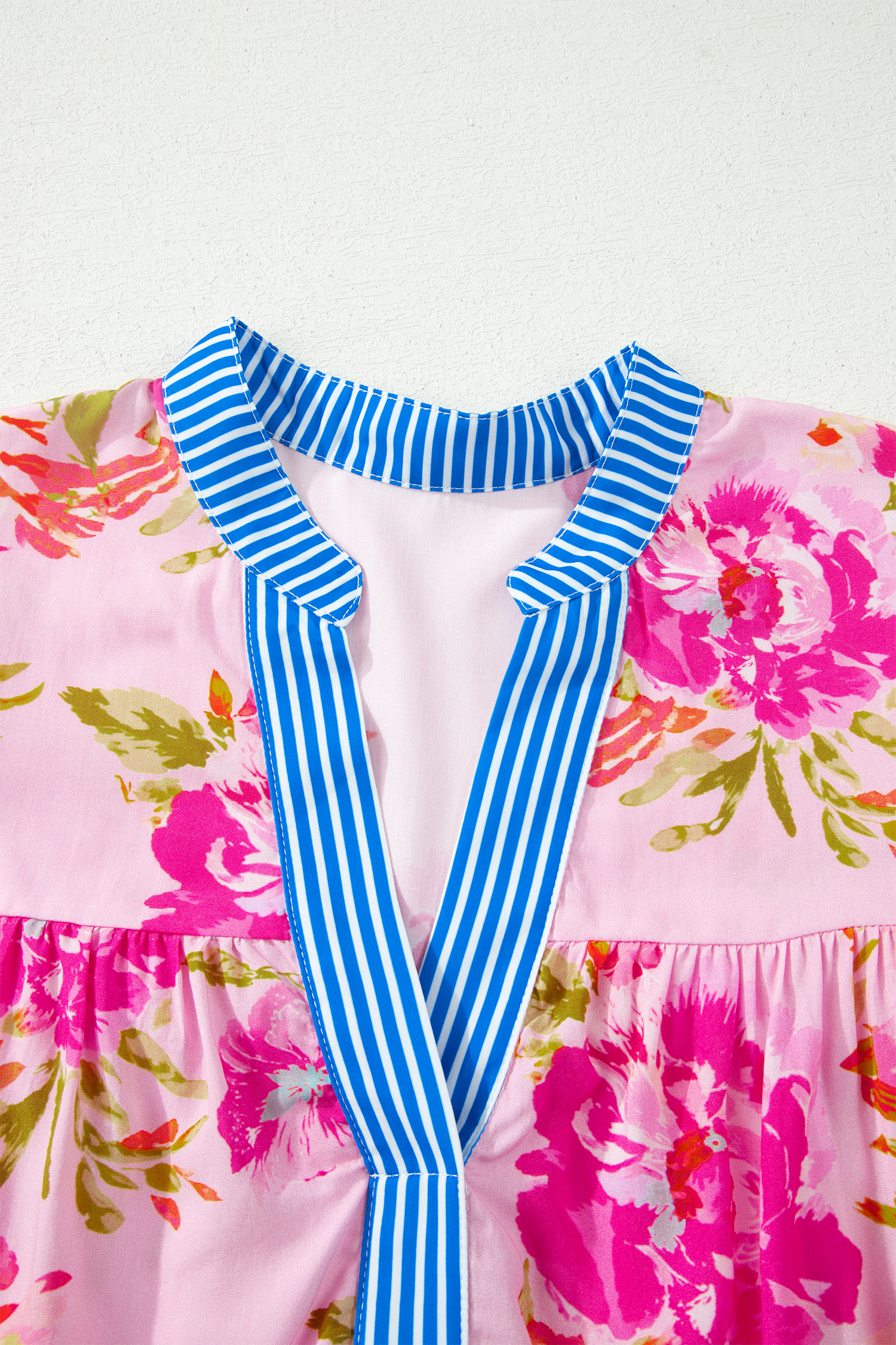 Chic Patchwork Floral Blouse for Women – Striped Trim V Neck Top, Thoughtful Gift for Her - Detail View 6 Chic Patchwork Floral Blouse for Women – Striped Trim V Neck Top, Thoughtful Gift for Her - Detail View 6