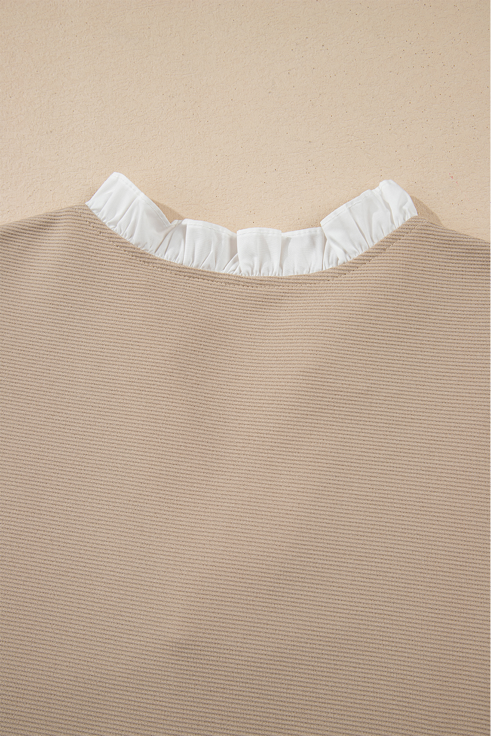 Women's Top, Pale Khaki, Contrast V Neck, Ruffled Detail, Textured Knit, Short Sleeve, Casual Wear, Dressy Style, Color Block, Elegant Design, Comfortable Fabric, Daily Wear, Blouses & Shirts - Detail View 8 Women's Top, Pale Khaki, Contrast V Neck, Ruffled Detail, Textured Knit, Short Sleeve, Casual Wear, Dressy Style, Color Block, Elegant Design, Comfortable Fabric, Daily Wear, Blouses & Shirts - Detail View 8