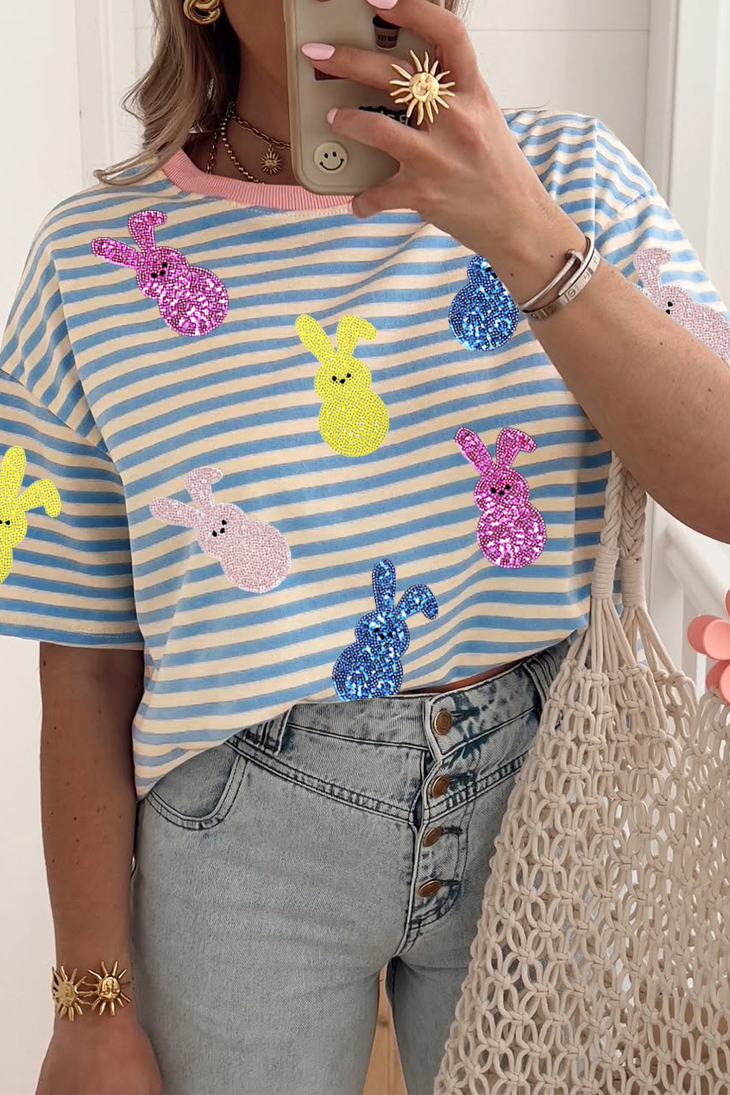 Casual Sky Blue Stripe Sequin Bunny Tee for Women – Ideal for Daily Wear and Spring Outings - Detail View 6 Casual Sky Blue Stripe Sequin Bunny Tee for Women – Ideal for Daily Wear and Spring Outings - Detail View 6