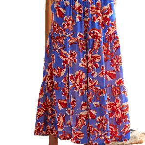 Women's Blue Bohemian Floral Print Maxi Skirt – High Waist Tiered Style for Summer Outings - Main View