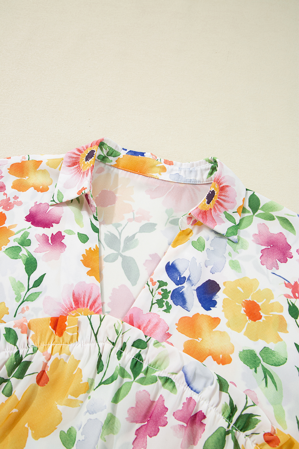 Women's Yellow Floral Boxy Fit Ruffled Short Sleeve V Neck Blouse - Detail View 9 Women's Yellow Floral Boxy Fit Ruffled Short Sleeve V Neck Blouse - Detail View 9