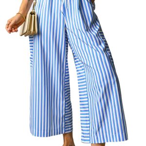 Women's Sky Blue Striped Wide Leg Pants – Elastic Waist Drawstring Trousers with Pockets - Main View