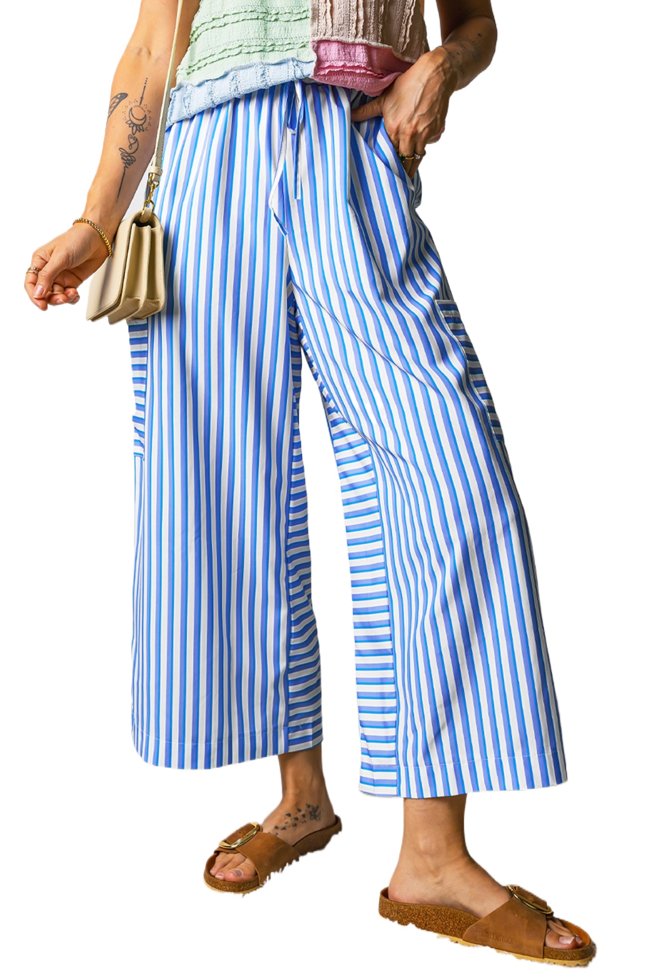 Women's Sky Blue Striped Wide Leg Pants – Elastic Waist Drawstring Trousers with Pockets - Main View Women's Sky Blue Striped Wide Leg Pants – Elastic Waist Drawstring Trousers with Pockets - Main View
