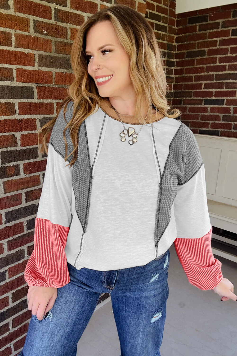 Chic White Block Textured Knit Top – Trendy Patchwork Long Sleeve for Everyday Style - Detail View 3 Chic White Block Textured Knit Top – Trendy Patchwork Long Sleeve for Everyday Style - Detail View 3