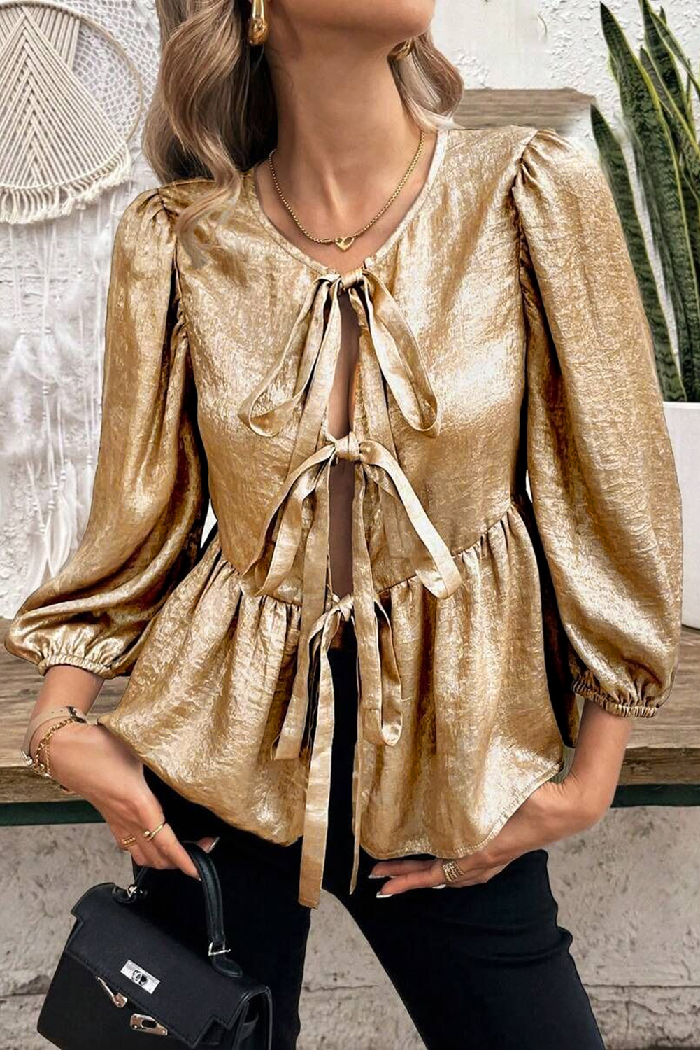 Sophisticated Solid Gold Blouse with Knot Detail - Stylish Daily Wear for Women - Detail View 3 Sophisticated Solid Gold Blouse with Knot Detail - Stylish Daily Wear for Women - Detail View 3