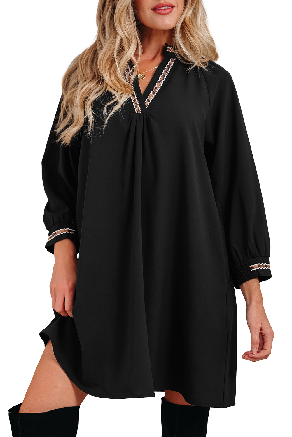 Southern Belle Black Mini Dress: Contrast Trim Bracelet Sleeve Style for Fall - Detail View 20 Southern Belle Black Mini Dress: Contrast Trim Bracelet Sleeve Style for Fall - Detail View 20