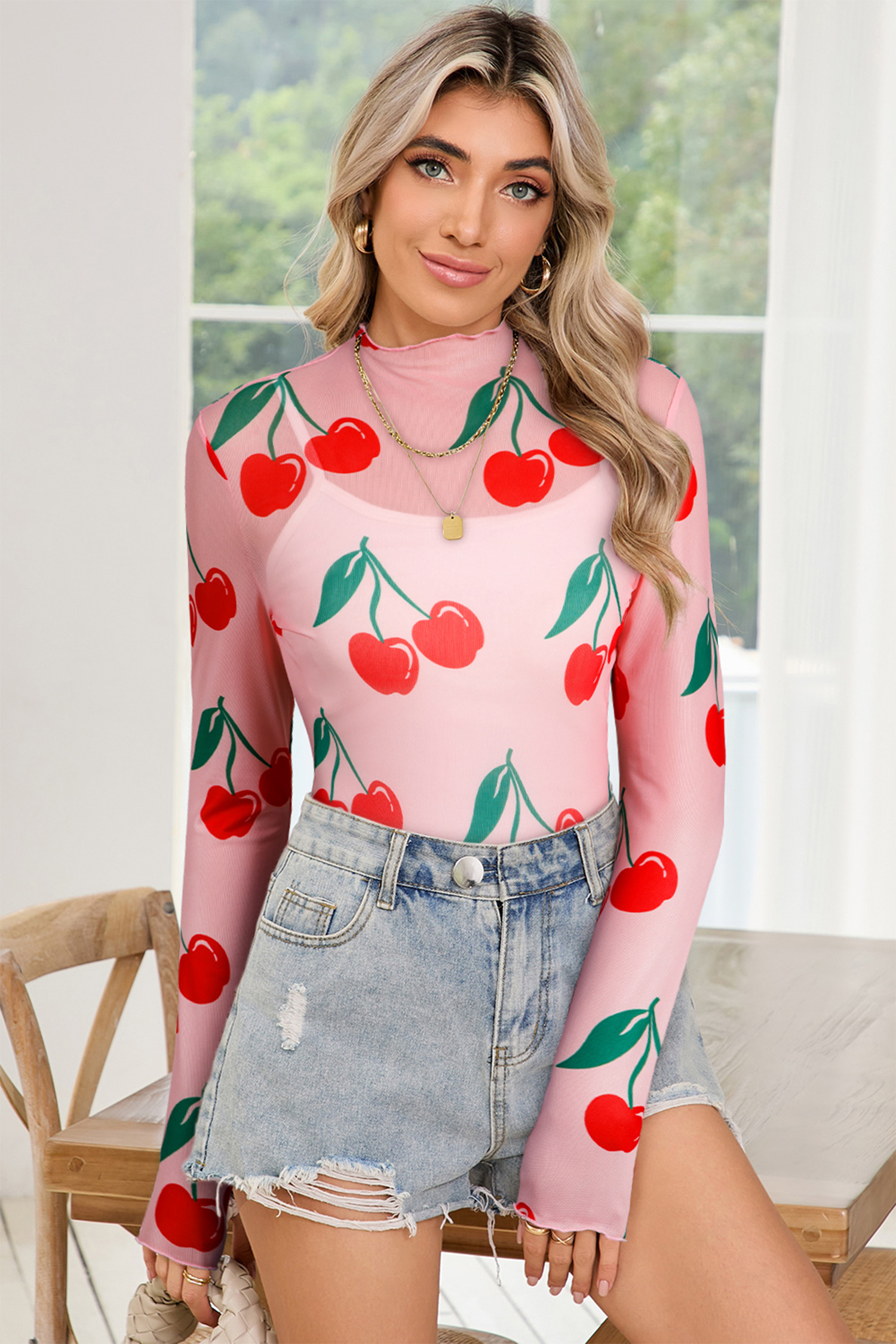 Stylish Pink Cherry Print Lettuce Trim Mesh Top for Women – Perfect for Spring Outings - Detail View 2 Stylish Pink Cherry Print Lettuce Trim Mesh Top for Women – Perfect for Spring Outings - Detail View 2
