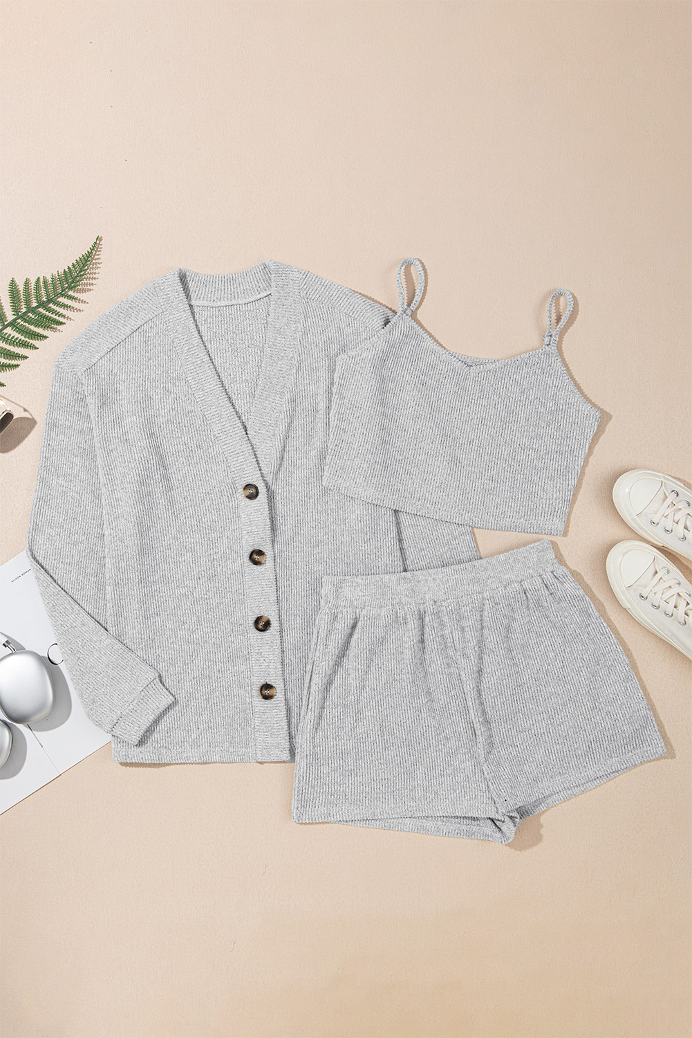 Women's Loungewear, Light Grey Set, Ribbed Fabric, Crop Camisole, Matching Shorts, Cardigan, Casual Style, Home Wear, Summer Outfit, Cozy Fit, Daily Wear, Solid Color, Long Sleeve Cardigan, Comfortable Lounge Set - Detail View 8 Women's Loungewear, Light Grey Set, Ribbed Fabric, Crop Camisole, Matching Shorts, Cardigan, Casual Style, Home Wear, Summer Outfit, Cozy Fit, Daily Wear, Solid Color, Long Sleeve Cardigan, Comfortable Lounge Set - Detail View 8