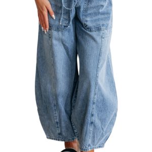 Myosotis Large Patch Pocket High Waist Drawstring Barrel Jeans for Women - Main View